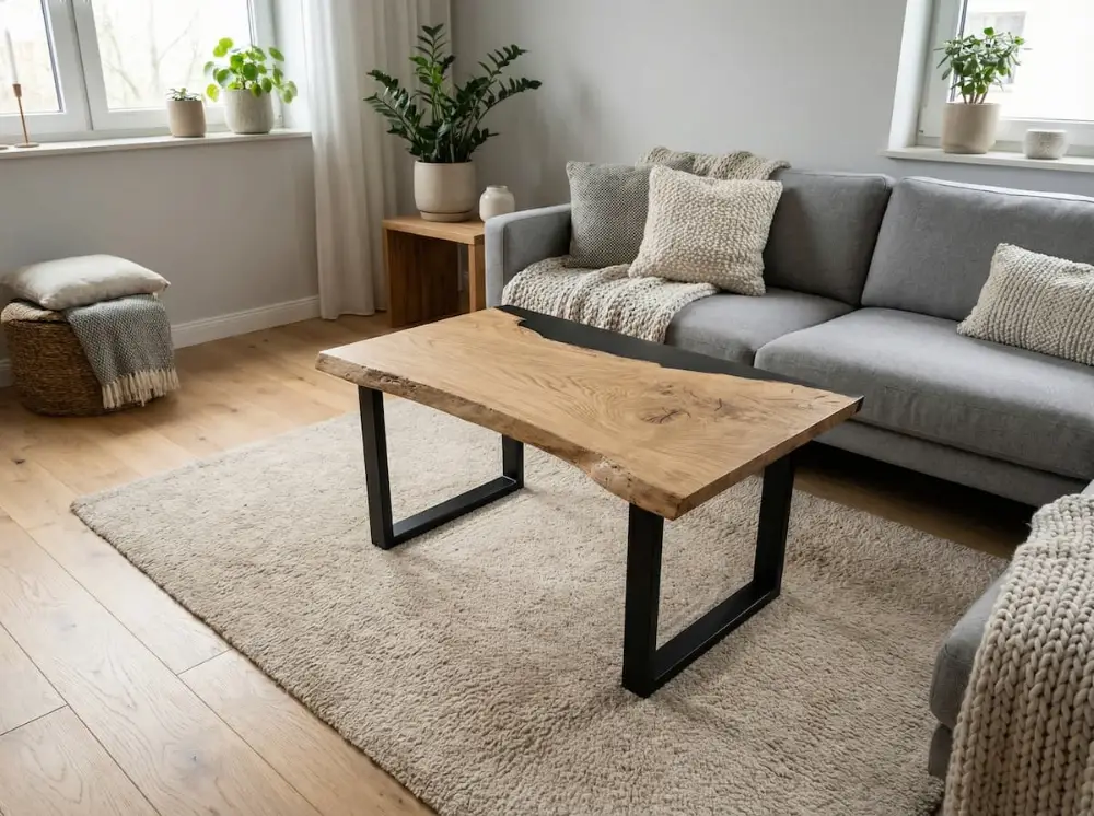 Création Table basse chêne et résine noire par Biondelli Design